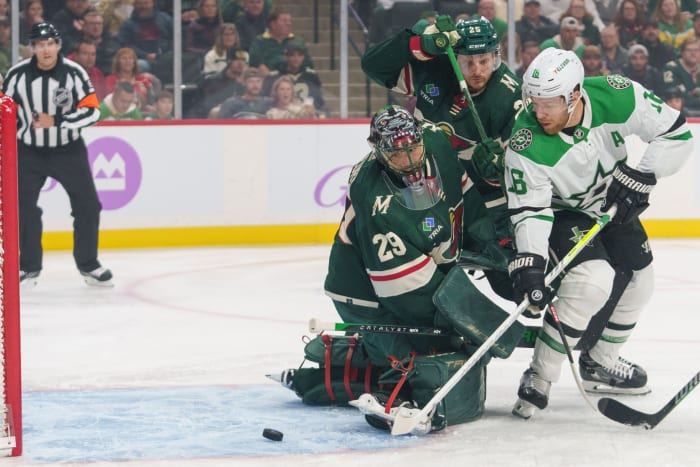 Nov 12, 2023; Saint Paul, Minnesota, USA; Dallas Stars center Joe Pavelski (16) scores on Minnesota Wild goaltender Marc-Andre Fleury (29) in the first period at Xcel Energy Center.